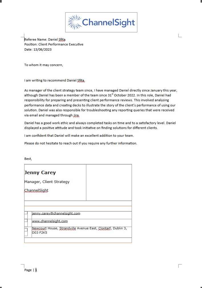ChannelSight recommendation letter from Jenny Carey, Manager of Client Strategy